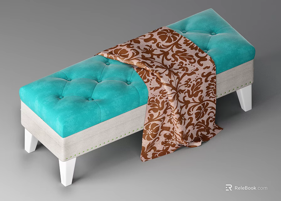 Stylish Turquoise Tufted Sofa Bench With Brown Patterned Blanket And White Wooden Legs 3d model 