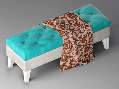 Stylish Turquoise Tufted Sofa Bench With Brown Patterned Blanket And White Wooden Legs 3d model