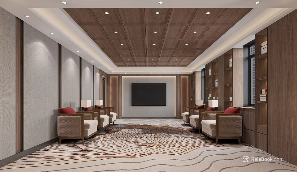 Modern Hotel Public Lounge Area With Wooden Ceiling TV Screen Sofas And Patterned Carpet 3d model
