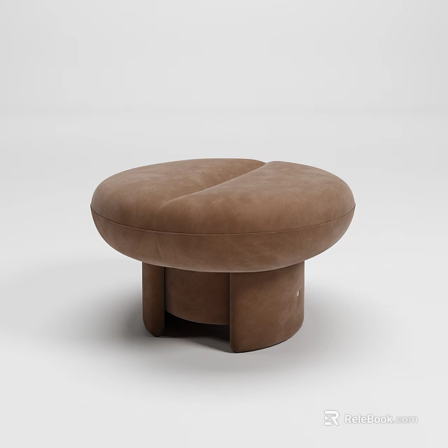 Modern Round Brown Leather Stool With Stitched Surface And Stable Base 3d model