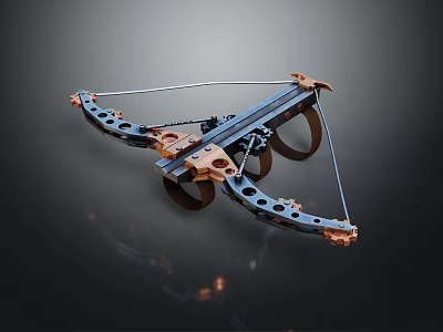 Crossbow With Metal Wheels And Copper Accents On Black Frame 3d model