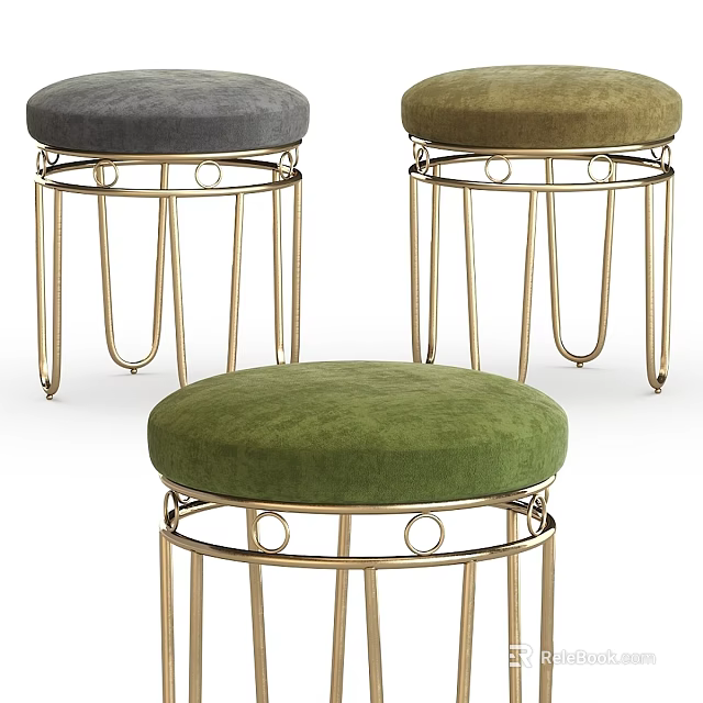 Modern Sofa Stools With Gold Metal Frame And Padded Gray Green Brown Seats 3d model 