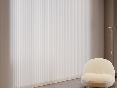 Elegant Modern Interior With White Vertical Blinds Cream Round Chair And Floor Lamp 3d model