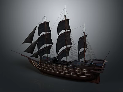 Vintage Wooden Sailing Ship With Multiple Black Sails And Classic Design 3d model