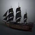 Vintage Wooden Sailing Ship With Multiple Black Sails And Classic Design