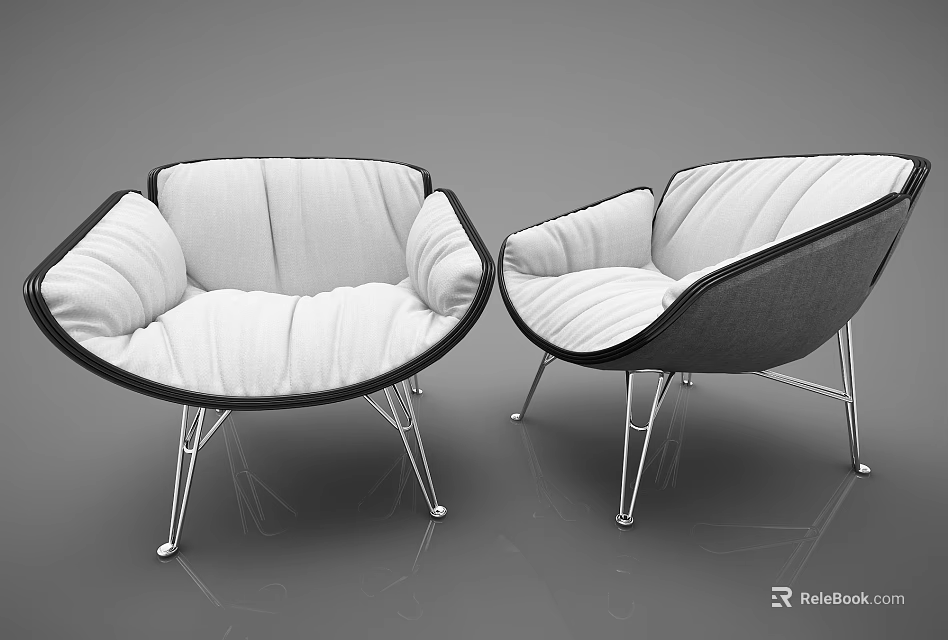 Modern Single Sofa With Curved Design White Fabric Cushion Black Frame And Metal Legs 3d model 