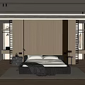 Modern Bedroom Interior With Black Bed White Pillows Wooden Headboard And Recessed Lights