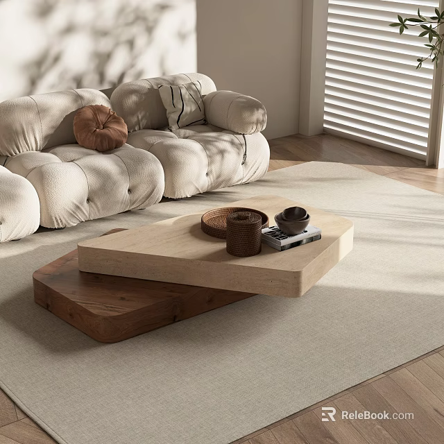 Modern Wooden Coffee Table In Living Room With Double Layer Design And Soft Sofa 3d model 