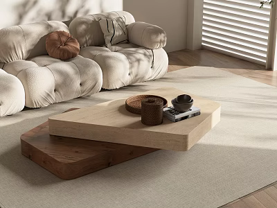 Modern Wooden Coffee Table In Living Room With Double Layer Design And Soft Sofa 3d model
