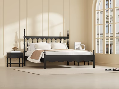 Black Double Bed With Headboard And Nightstand In Bright Bedroom With Large Window 3d model