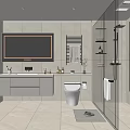 Modern Bathroom Interior With Large Mirror Wall Mounted Vanity And Glass Shower Enclosure