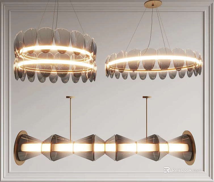 Modern Chandeliers With Circular Linear Designs Transparent Elements Gold Frames And Warm Light 3d model 