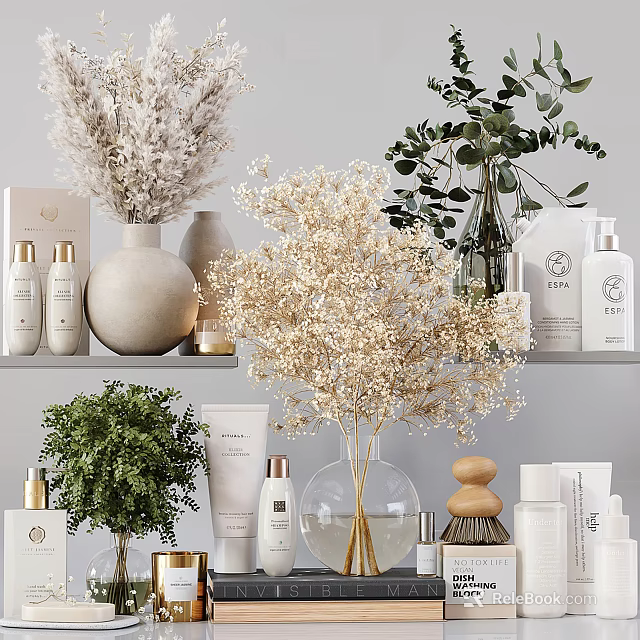 Elegant Ornamental Decor Collection with Dried Flowers Greenery Vases Skincare Bottles and Wooden Accents 3d model 