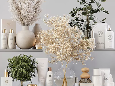 Elegant Ornamental Decor Collection with Dried Flowers Greenery Vases Skincare Bottles and Wooden Accents 3d model