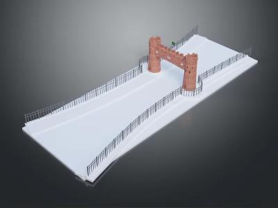 Architectural Model Structure With Red Brick Towers And Black Railings On White Platform 3d model
