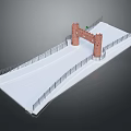 Architectural Model Structure With Red Brick Towers And Black Railings On White Platform