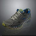 Gray Running Shoes With Blue Accents Green Details White Laces Mesh Upper And Cushioned Sole