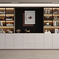 Modern Bookcase Interior Design With LED Lighting Decorative Items And White Shelves 3d model