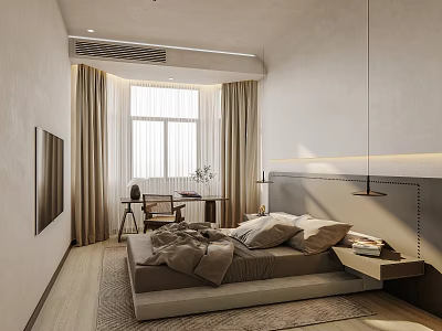Modern Minimalist Bedroom Interior With Bed Curtains Desk Chair TV Bedside Lamps And Wooden Floor 3d model