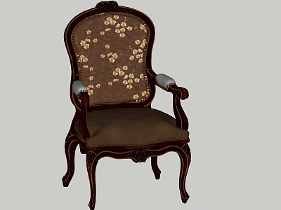 Classic Wooden Armchair With Carved Floral Pattern And Brown Upholstery 3d model