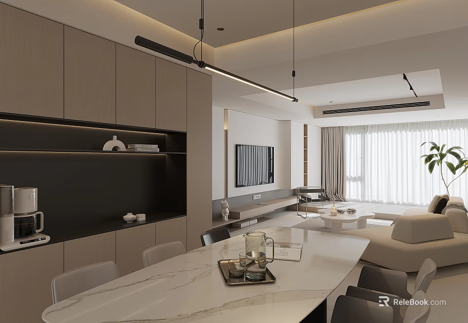 Modern Living Dining Room Interior With White Marble Table Grey Sofa And Pendant Light 3d model