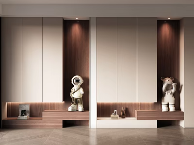 Modern Entryway Cabinet And Sideboard With Wooden Panels Light Doors Display Shelves Decorative Figurines Lighting 3d model