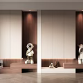 Modern Entryway Cabinet And Sideboard With Wooden Panels Light Doors Display Shelves Decorative Figurines Lighting