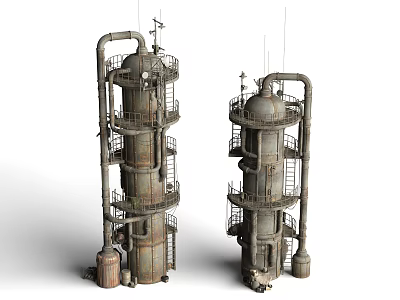 Futuristic Sci Fi Industrial Scene Featuring Rusted Tall Towers Pipes Ladders And Platforms 3d model