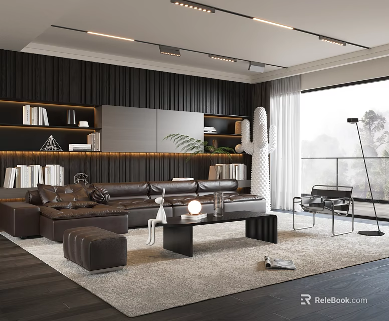 Modern Living Room Interior Design With Leather Sofa Bookshelves Coffee Table And Large Windows 3d model 
