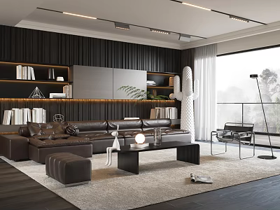 Modern Living Room Interior Design With Leather Sofa Bookshelves Coffee Table And Large Windows 3d model