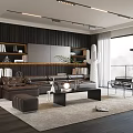 Modern Living Room Interior Design With Leather Sofa Bookshelves Coffee Table And Large Windows