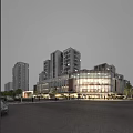 Modern Commercial Street with Glass Curtain Walls High Rise Buildings and Evening Pedestrians