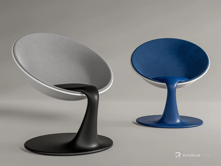 Stylish Gray and Blue Lounge Chairs with Modern Curved Frame and Round Base Design 3d model 