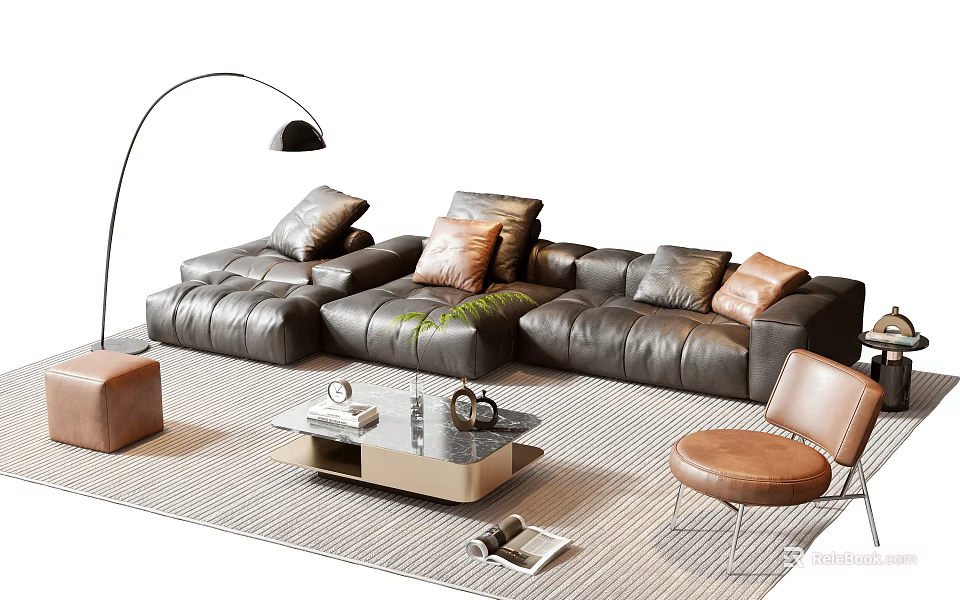 Modern Leather Sectional Sofa Coffee Table Set with Accent Pillows Floor Lamp and Chair 3d model 