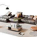 Modern Leather Sectional Sofa Coffee Table Set with Accent Pillows Floor Lamp and Chair