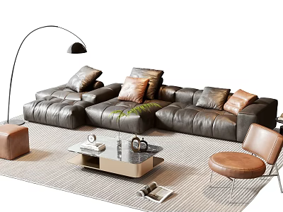 Modern Leather Sectional Sofa Coffee Table Set with Accent Pillows Floor Lamp and Chair 3d model