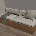 Cozy Modern Sofa With Beige Cushions Wooden Base Pillows And Blanket