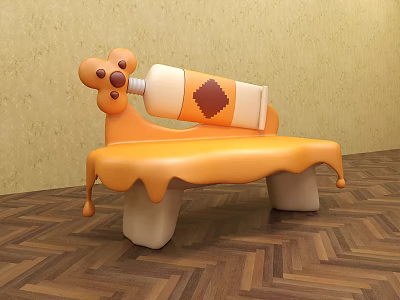 Orange Public Chair With Bone Shaped Backrest And Drippy Bottle Decoration On Wooden Floor 3d model