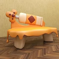 Orange Public Chair With Bone Shaped Backrest And Drippy Bottle Decoration On Wooden Floor