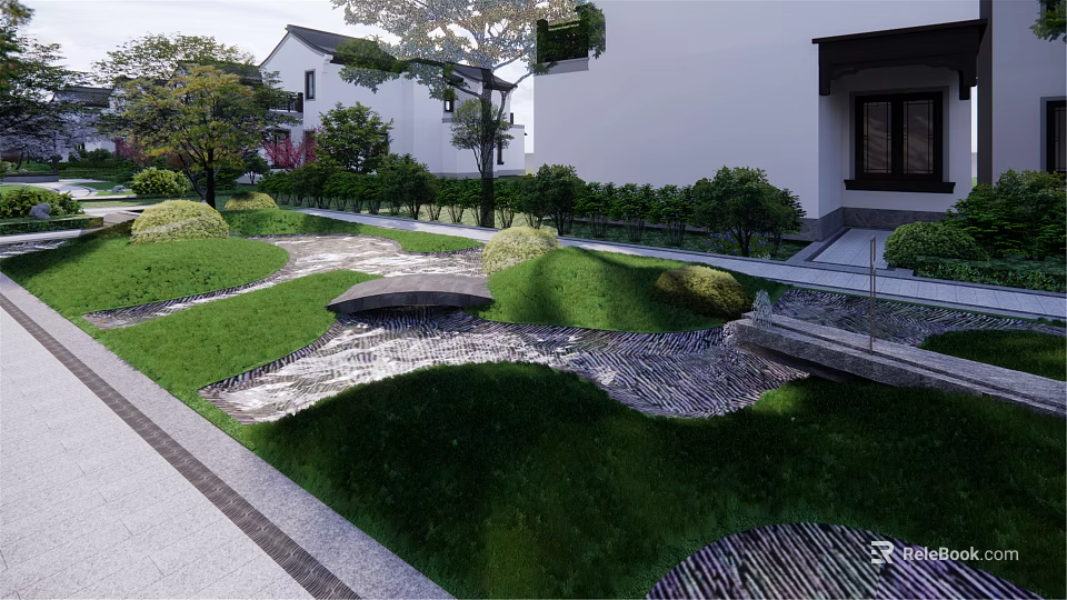 Residential Landscape With Green Lawn Stone Pathway Lush Shrubs And Traditional House 3d model 