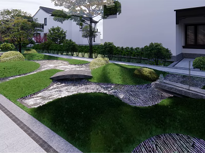 Residential Landscape With Green Lawn Stone Pathway Lush Shrubs And Traditional House 3d model
