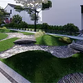 Residential Landscape With Green Lawn Stone Pathway Lush Shrubs And Traditional House