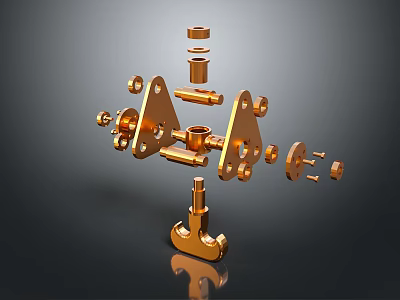 Shiny Golden Metal Mechanical Parts 3D Rendering with Black Background Structure 3d model