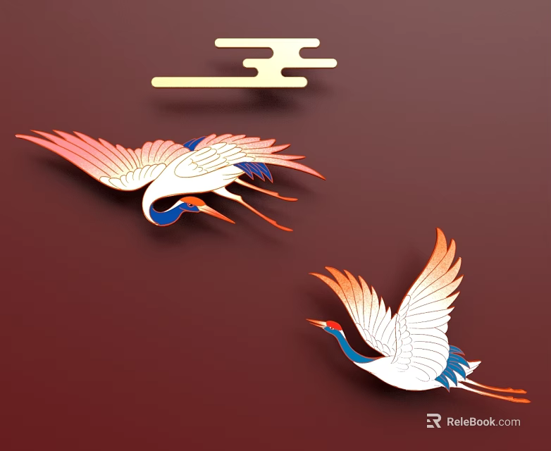 Elegant Swing Door Design With Colorful Crane Patterns And Golden Cloud Decor 3d model 