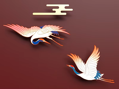 Elegant Swing Door Design With Colorful Crane Patterns And Golden Cloud Decor 3d model