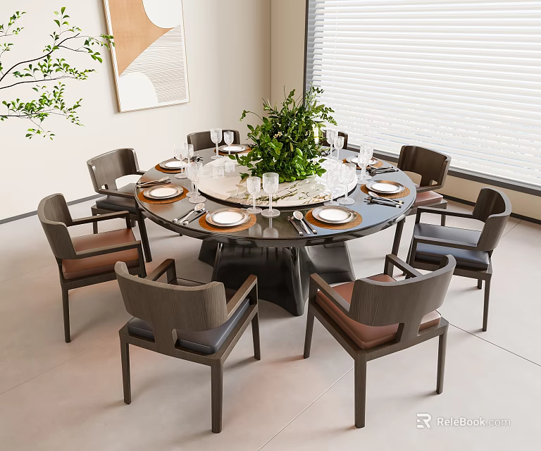 Modern Round Dining Table and Chairs Set with Green Plant and Tableware 3d model 