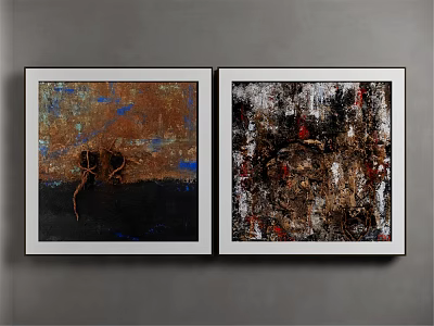 Two Piece Abstract Paintings Textured Brown Blue Black Red White Hung On Gray Wall 3d model