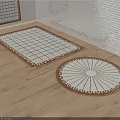 Square Carpet with Checkerboard Pattern and Round Rug on Wooden Floor and Window Blinds