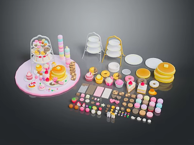 Colorful Dessert Display With Cakes Cupcakes Macarons Cookies And Baking Supplies 3d model