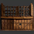 Wooden Building Model with Sloped Roof Grid Wooden Frame Brown Planks Door and Windows